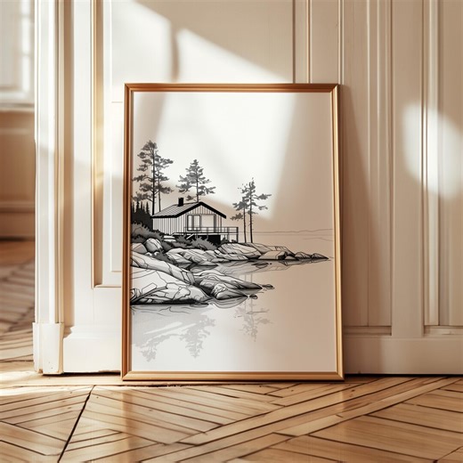 Waterfront Cabin Wall Art Nordic Coastal House Landscape Black White Printable - Etsy