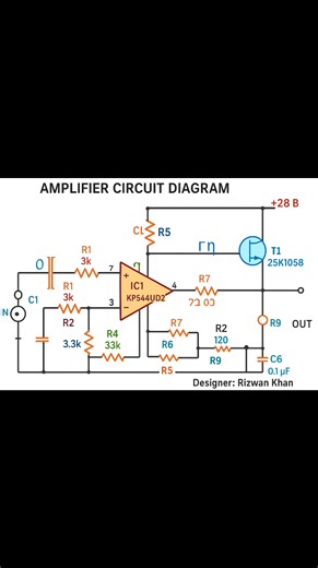 17K views · 145 reactions | The circuit incorporates an IC1 (KPS44YD2) and transistors T1 (2SK1058) and T2 (25J162), indicating a power amplifier design, possibly for a loudspeaker system. It features various passive components like resistors (R1-R8), capacitors (C1-C6), and diodes (D2, C4) for signal conditioning and power supply filtering. | Rizwan Khan | Facebook
