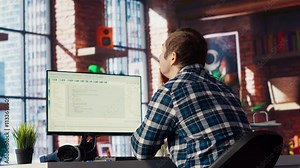 Software developer at computer waiting for code to finish compiling, yawning, feeling bored. Impatient man tired to wait for algorithms building scripts to finish, camera B