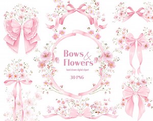 Watercolor Pink Ribbon Bows Frame and Tiny Pink Flowers. Botanical Borders, Bows and Meadow Flowers, Pink Ribbons Watercolor Clipart - Etsy