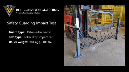 Safety Guarding Impact Test – Roller Drop Impact Test At BCG, we don’t just claim performance—we prove it. Our newest “Proof of Performance” video shows how we validate the strength and reliability of our guarding through certified in-house testing. This test simulates an accidental roller drop to determine whether the return idler basket guard can contain the impact without failure. Key Test Data: • Guard Type: Return idler basket • Test: Roller drop impact • Pendulum Weight: 181 kg (~400 lb) •