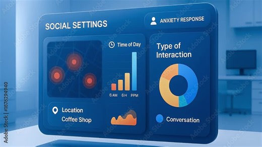 Futuristic AI dashboard visualizing social settings, location tracking, anxiety response, and interaction analysis. Ideal for mental health tech, data visualization, and smart UI design.