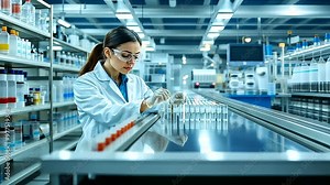 focused American female pharmacist examining rows of medicine vials on a conveyor belt in a high-tech pharmaceutical factory, with Generative AI assisting in the production and quality assurance