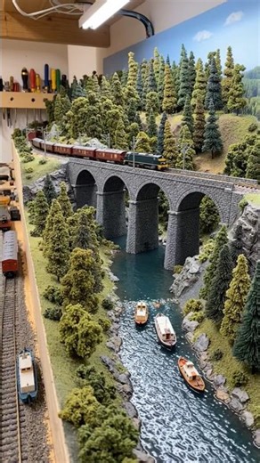 Beautiful railway model room with a river and bridge developed using AI