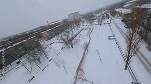 FPV shooting of snow removal equipment, snow removal machine operation, snow removal equipment, mtz tractor removes snow Stock Video