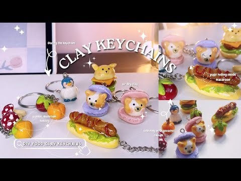 Making clay keychains using air dry clay | Miniature food clay keychains | 🌭 🐶 🍔🍅🍊