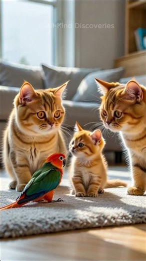 Cat Family Meets a Parrot!