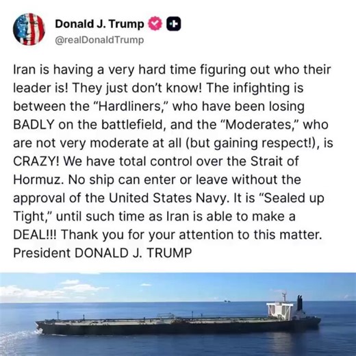 MENSAJE CLARO Y POTENTE: DONALD TRUMP ACABA DE HUMILLAR A IRÁN ANTE EL MUNDO ENTERO«Irán está en caos total. Ni siquiera saben quién manda realmente. Hay una guerra interna brutal entre los “Duros”, que están siendo destrozados en el campo de batalla, y los llamados “Moderados”, que tampoco son tan moderados… pero están ganando terreno. ¡Es un circo absoluto!»«Tenemos el control total del Estrecho de Ormuz. Ningún barco entra ni sale. La Marina de Estados Unidos lo tiene sellado con fuerza. Irán