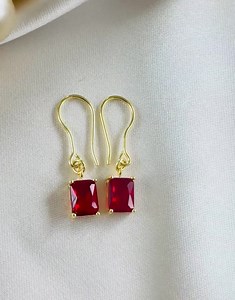 Emerald Cut Ruby Dangle Earrings: Sterling Silver Gold Plated July Birthstone Dainty Earrings - Etsy