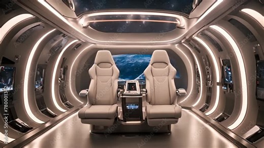 The interior of the spacecraft shows modern design, with ergonomic seats and panoramic windows.
