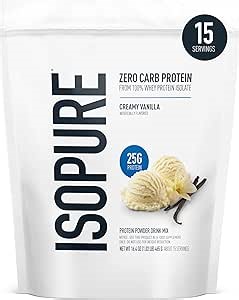 Isopure Zero Carb 100% Pure Whey Isolate Protein Powder, Lactose Free, Gluten Free, with Vitamins, Creamy Vanilla, 25g Protein Per Serving, 1 Lb, 15 Servings (Packaging May Vary)