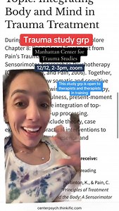 Grab your spot in my beacons 🔗 During this study group on 12/12, we will explore Chapter 8: Principles of Treatment from Pain’s Trauma and the Body: A Sensorimotor Approach to Psychotherapy (Ogden, Minton, and Pain, 2006). Together, we’ll examine how somatic and cognitive approaches intertwine in trauma therapy, focusing on mindfulness, present-moment awareness, and the integration of top-down and bottom-up processing. Discussion may include theory, case examples, and practical interventions to