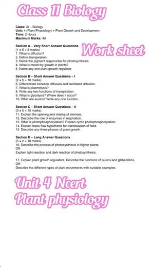 #shorts | KVS | Class 11 Biology | Unit 4 Plant Physiology | Class 11 Worksheet Unit 4 | NCERT