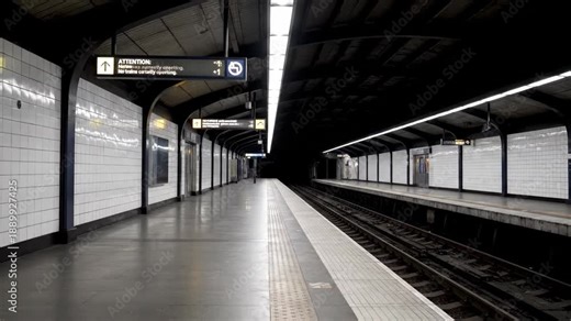 Empty subway platform in dimly lit station. Deserted metro tracks and tiled walls at night. Documentary footage of urban transit solitude and abandonment concept.