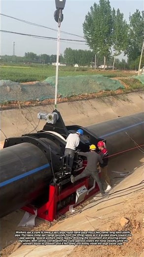 Crane Lowering Large Round Metal Component into a Wide Black Plastic Pipe