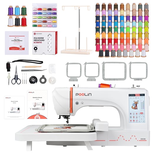 Poolin EOC06RE 7.9" x 11" Embroidery Machine with 80 Rolls 800m Polyester Threads,144pcs Prewound Bobbins Size A Plastic and Accessories