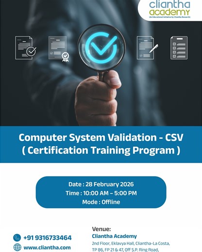 Cliantha academy | 🎉 Upcoming Full Day Training on Computer System Validation (CSV)! 🎓 Cliantha Academy is excited to announce an upcoming full day, expert... | Instagram