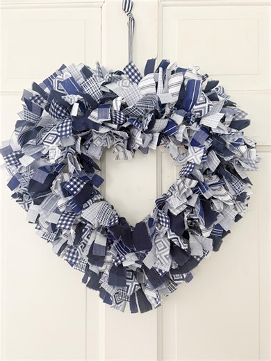 Navy Blue Rag Heart Wreath Farmhouse Wall Decor - Valentine's Day Wedding Gift - Etsy