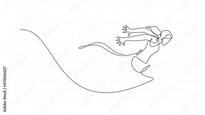 Animated self drawing of one continuous line draw young sporty woman runner crosses finish line. Health activity sport concept. Full length single line animation for running event promotion poster.