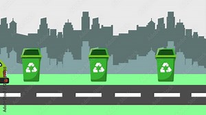 garbage collector truck many bins in city street animation