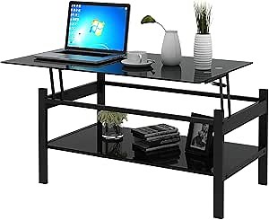 Black Lift Top Coffee Table, Black Glass Coffee Tables for Living Room, Small Rectangle Glass Top Coffee Table Lift Top, Black Coffee Tables for Living Room (1Pcs Liftable Black, Coffee table)