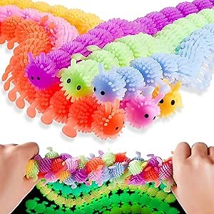 Sumind 6 Pieces Caterpillar Stretchy Fidget Toy, Luminous Sensory Fidget Toy Stretchy String Colorful Children's Day Gift Items for Anxiety Relief Autism ADHD Calming Relaxing, 6 Colors