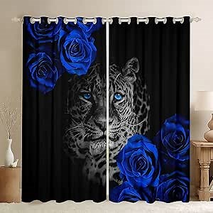 Castle Fairy Snow Leopard Curtains,Blue Rose Flowers Window Curtains,3D Cheetah Window Treatment Curtains Home Decor,Romantic Floral Darkening Drapes for Living Room Bedroom 76W x 45L Inches