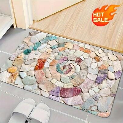 Tapis antidérapant à motif de pierre colorée simulée | Avec un motif de couture en pierre colorée naturelle, un design de motif spiral central, un style simple et frais, convient pour la salle de bain, la cuisine, le porche et d'autres espaces - Fabriqué en boue de diatomées, il absorbe rapidement l'eau, a une forte résistance à la pollution et le design de texture antidérapante du fond est stable et ne glisse pas. Lavable en machine, facile à nettoyer et à entretenir. C'est le meilleur choix po