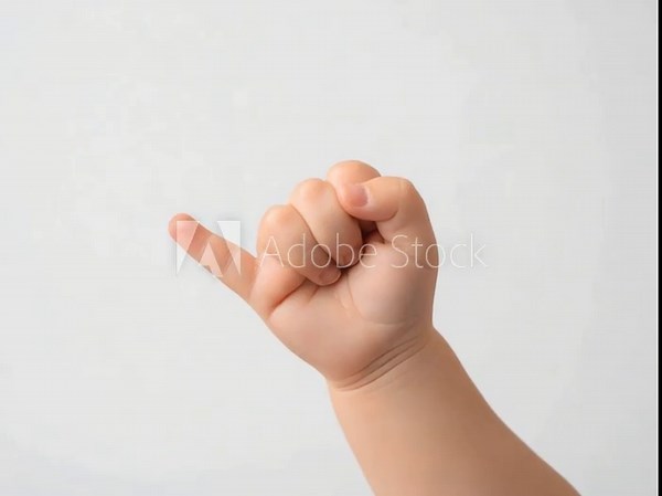 Little Promise: A close-up of a baby's tiny hand making a promise gesture, emphasizing innocence, commitment, and trust in a bright, minimal environment.