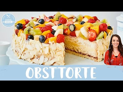 Obsttorte | saftige Früchtetorte mit Vanillepudding und Himbeerkonfitüre 🫐 🍓 | Einfach Backen