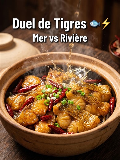 🐟 He Hai Lao Hu Yu Bao — La marmite des deux tigres qui va diviser votre table ! 🔥🏺 Dans cette cocotte en terre cuite fumante, deux poissons s'affrontent : le Shiban Yu (Mérou de mer) et le Guiyu (Mandarin de rivière). Deux textures radicalement différentes, une marinade bien relevée, et le secret du vin de Shaoxing versé sur le couvercle pour parfumer la chair de l'intérieur. Une recette de village chinoise bluffante en moins de 45 minutes. ✅ Mérou : peau gélatineuse, chair ferme et croustil