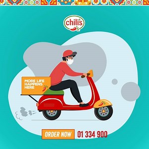 Ridin’ all day long 🛵 to deliver your favorite meals in TOTAL SAFETY🌶️ 📲01 334 900 or order through Zomato or Toters! Delivery operating hours: 12PM noon till 5PM | Chili's Beirut