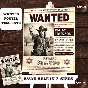 Editable Wanted Poster Template, Wild West Cowgirl Party Photo Prop, (digital Download, Canva) - Etsy