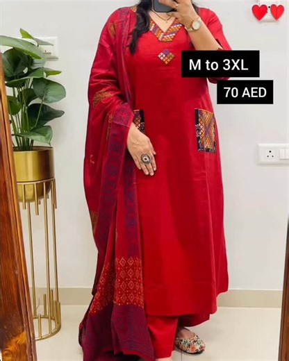 Abras couture on Instagram: "Premium quality, breathable pure cotton for all-day comfort.A straight-fit kurta featuring a unique V-neckline with multi-colored embroidery and matching embroidered pocket detailing.matching pant and dupatta Colours may vary slightly due to different in screen lightnings M to 3XL 70 AED Dubai sharjah ajman 12 other Emirates 15 AED delivery charge #CottonSuits #EthnicWear #IndianFashion #EmbroideryLove #RedKurta ThreePieceSet"