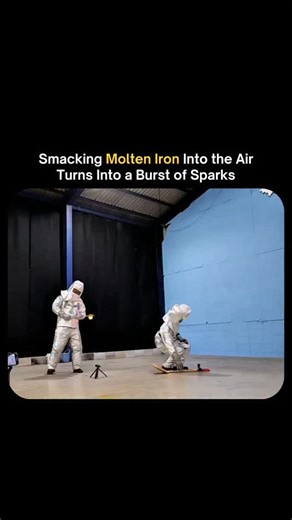 Motivation | Wealth | Education on Instagram: "When molten iron is struck or "smacked" into the air, the sudden increase in surface area triggers an explosive oxidation reaction called pyrophoricity. Because the iron is already at its melting point (over 1,538°C), the tiny droplets exposed to the oxygen in the atmosphere undergo rapid combustion, burning so intensely that they release brilliant white and orange light. This is the same chemical principle used in traditional steelmaking and firewo