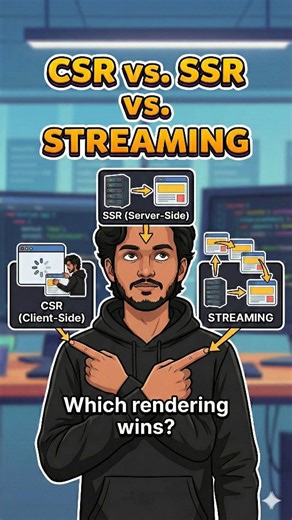 Ashwin Mali on Instagram: "Crack any Frontend Interview Pt. 1 CSR vs SSR vs Streaming (Simple + Powerful) Ever wondered how your webpage loads so fast? 🤯 It’s not magic — it’s Rendering Strategy 👇 🔹 CSR → Browser downloads JS → then page appears 🔹 SSR → Server sends ready HTML → faster first view 🔹 Streaming → Page loads piece by piece → best UX 🚀 👉 Modern apps (Next.js, React 18+) use Streaming for speed + SEO. Save this reel if you’re learning React / MERN / Next.js 💙 #webdevelopment #