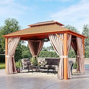 Aoxun Hardtop Gazebo 10x12ft, Outdoor Polycarbonate and Galvanized Dual-Layer Roof Canopy, Aluminum Frame Permanent Pavilion with Netting Curtains and 20 inch Ceiling Fans with Lights for Outdoor