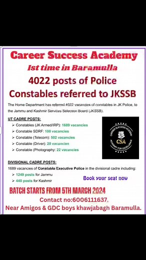 1.8K views · 13 reactions | Career Success Academy Baramulla is going to start batch for the JK police constable from 5th March 2024. | Rafiabad News service | Facebook