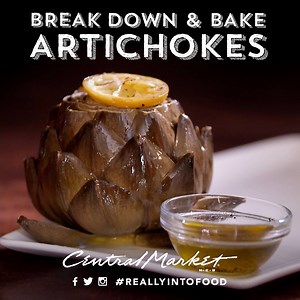 We heart artichokes! And this simple recipe is one of our favorites, full recipe on our website, http://www.centralmarket.com/recipe/appetizers-snacks/Lemon-and-Garlic-Baked-Artichoke | Central Market
