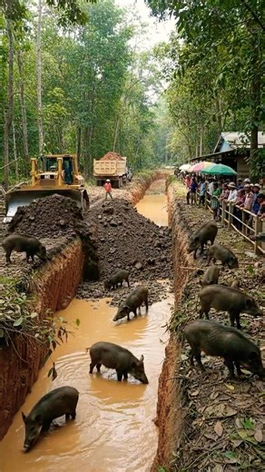 Road Construction Meets Wildlife: Wild Boars in a Forest Trench Project #bulldozer