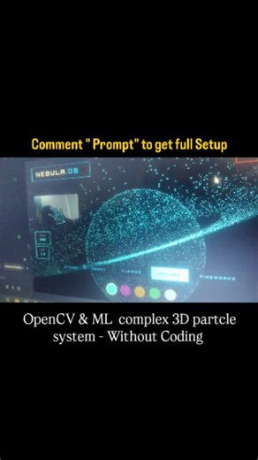 Ashwani Builds on Instagram: "Day 08 You can control it by your hand gestures - OpenCV & ML project Prompt: Create a real time interactive 3D particle system in Three.js , the system should use the camera to track hand gesture and dynamically control particle behaviour including expansion colour changes and switching between particle templates such as hearts, flowers , Saturn shape, fireworks and more"