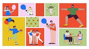 diverse courbée gens moderne mode de vie bento la grille animation. yoga, social interaction, fête, numérique la communication collage mouvement 4k la toile conception. Animé dessin animé collection ambiance planche