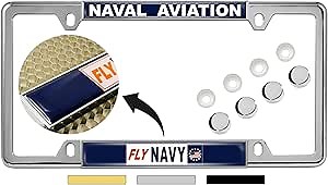 [U.S. Navy Officially Licensed Product] - Fly Navy Naval Aviation - Domed Custom-Made Personalized Narrow (Thin) Top 4 Hole Metal Car License Plate Frame with Free caps - Chrome (Quantity: 1 Frame)