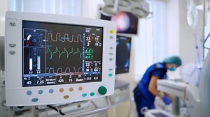 Medical equipment for artificial lungs ventilation. Life support equipment. Medical monitor with graphics of work of patient's lungs in the operating theatre.