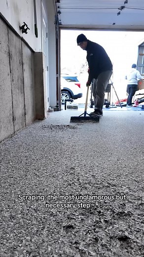 Scraping does more than people realize. Once the flake is broadcasted, we scrape in multiple directions to: → Knock down high spots (no stubbed toes🤪) → Remove loose flake that can cause peeling under the topcoat → Create an even, safe texture → Prep the surface so the poly topcoat bonds smoothly and cures correctly This step directly affects how your floor feels, how uniform it looks, and how well it holds up over time. Quality starts with the prep - every single detail matters. Call us at (86