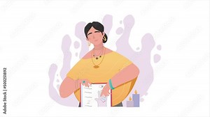 Predicting future video concept. Moving female fortune teller holds poster with image of palm and talks about line of life or love. Palmistry or mystical knowledge. Graphic flat animated cartoon