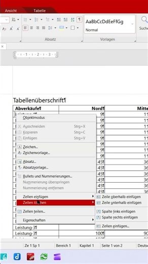 TextMaker Kontextmenü zur Tabellenbearbeitung