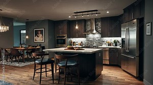 Video footage of modern kitchen interior with an open floor plan that extends into a dining area,kitchen features stainless steel appliances