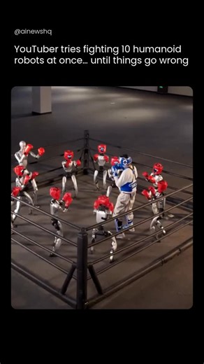 AI News HQ on Instagram: "Robots are becoming stronger and more skilled at martial arts, and a recent demonstration made that clearer than ever😮. A man attempted to fight ten humanoid robots at the same time in a controlled testing environment , and the moment quickly turned into a striking example of how coordinated robotics can overwhelm human strength and endurance. The robots were programmed to maintain balance, absorb impact, and apply consistent pressure without fatigue, allowing them to 