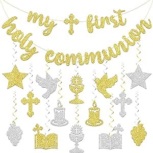 Biswiter First Holy Communion Decorations, DIY-Free Gold Glitter Banner & 14 Hanging Swirls